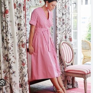 M.D.S Stripes Pink and White Gingham Wrap Short Sleeve Midi Dress Size 6 Cotton